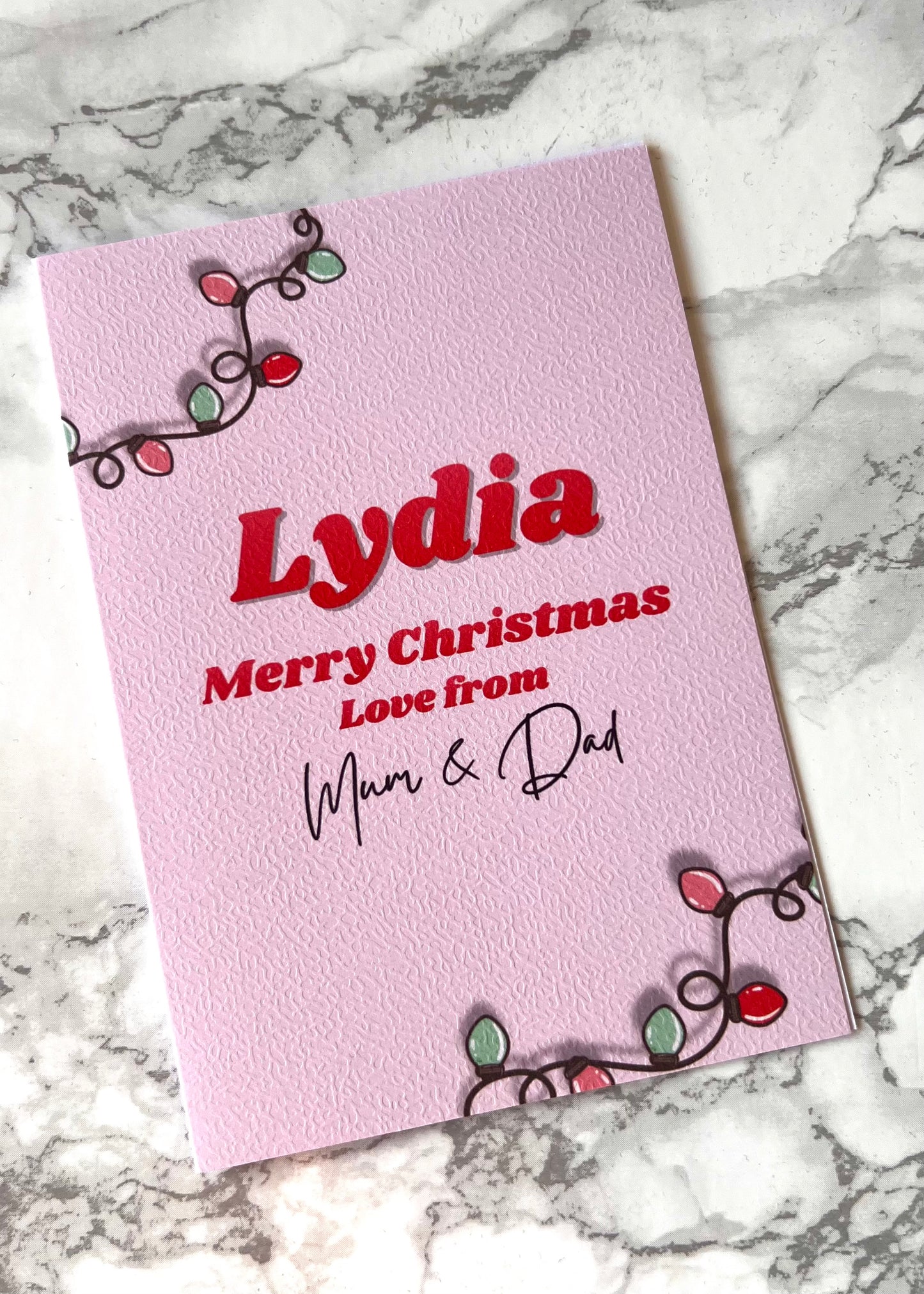 Personalised Pink Fairy Lights Christmas Card
