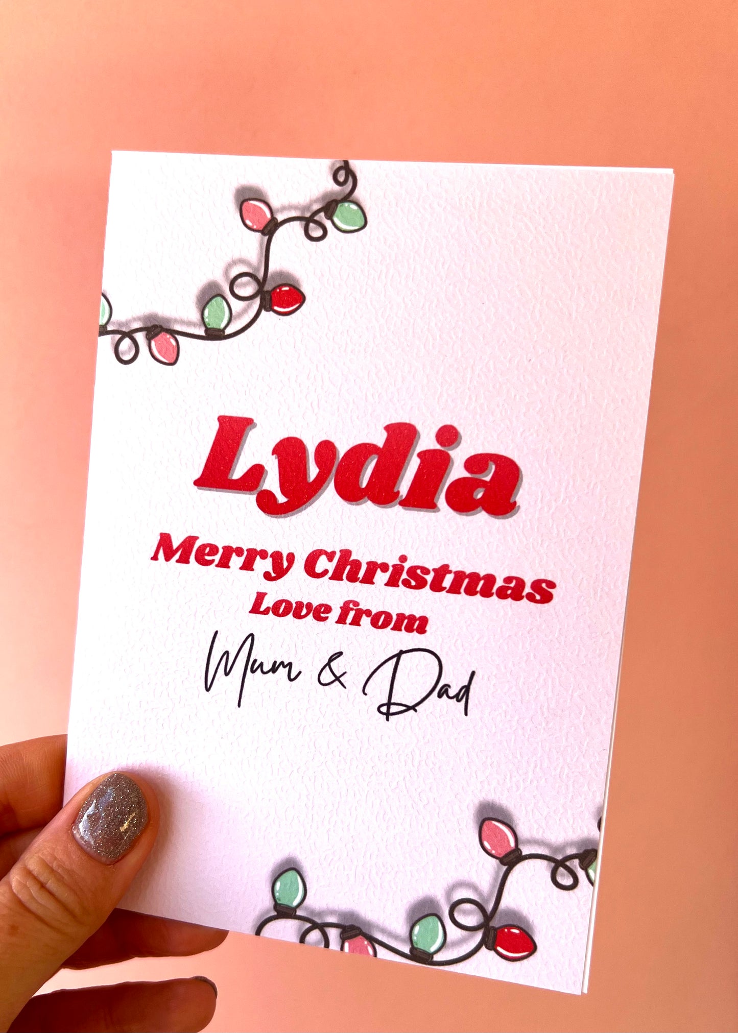 Personalised Pink Fairy Lights Christmas Card