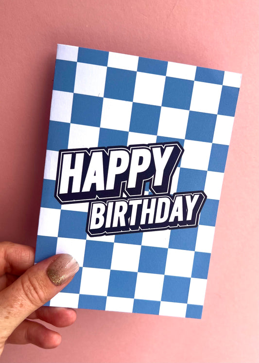 Blue Chequered Flag Birthday Card